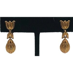 CROWN TRIFARI Signed Gold Tone TULIP FLOWER Dangle CLIP EARRINGS Vintage